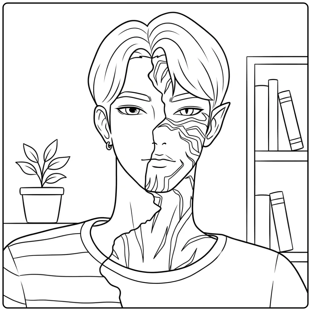 Jinu Kpop Demon Hunters kleurplaat: half mens, half demon.