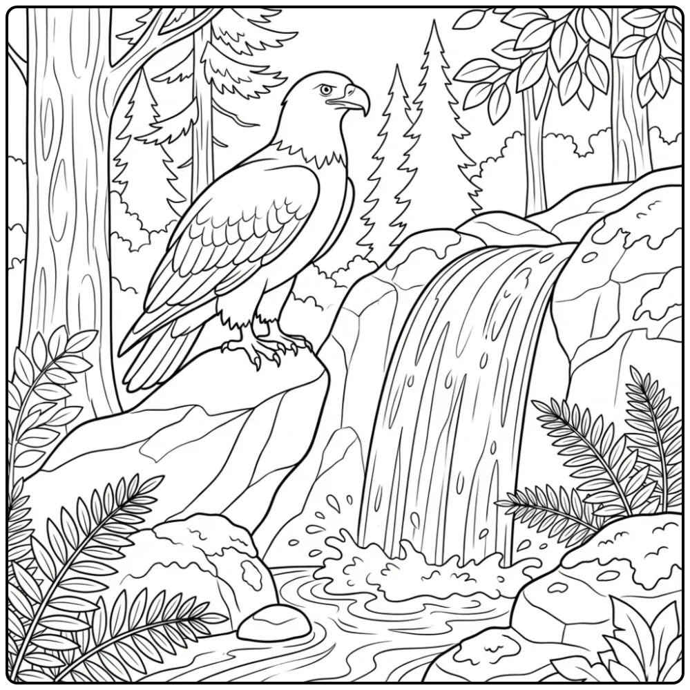 Kleurplaat adelaar op een rots bij een boswaterval.