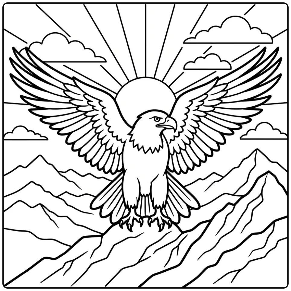 Een mooie kleurplaat adelaar op een bergtop bij zonsopgang.