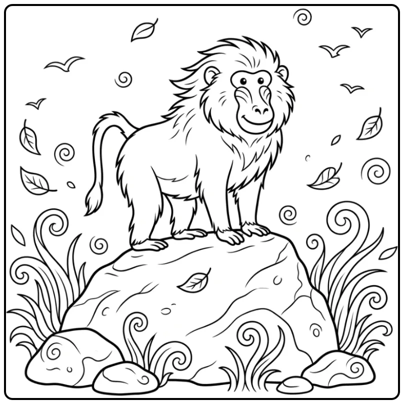 Een stoere kleurplaat baviaan op een rots met waaiend gras.