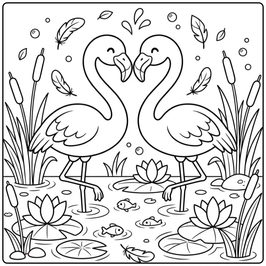 Een kleurplaat flamingo schattig met twee vogels in een hart.