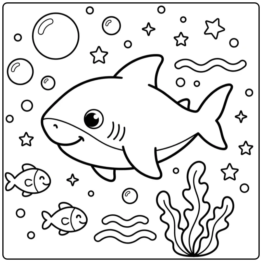 Schattige kleurplaat haai makkelijk met bubbels en vissen.