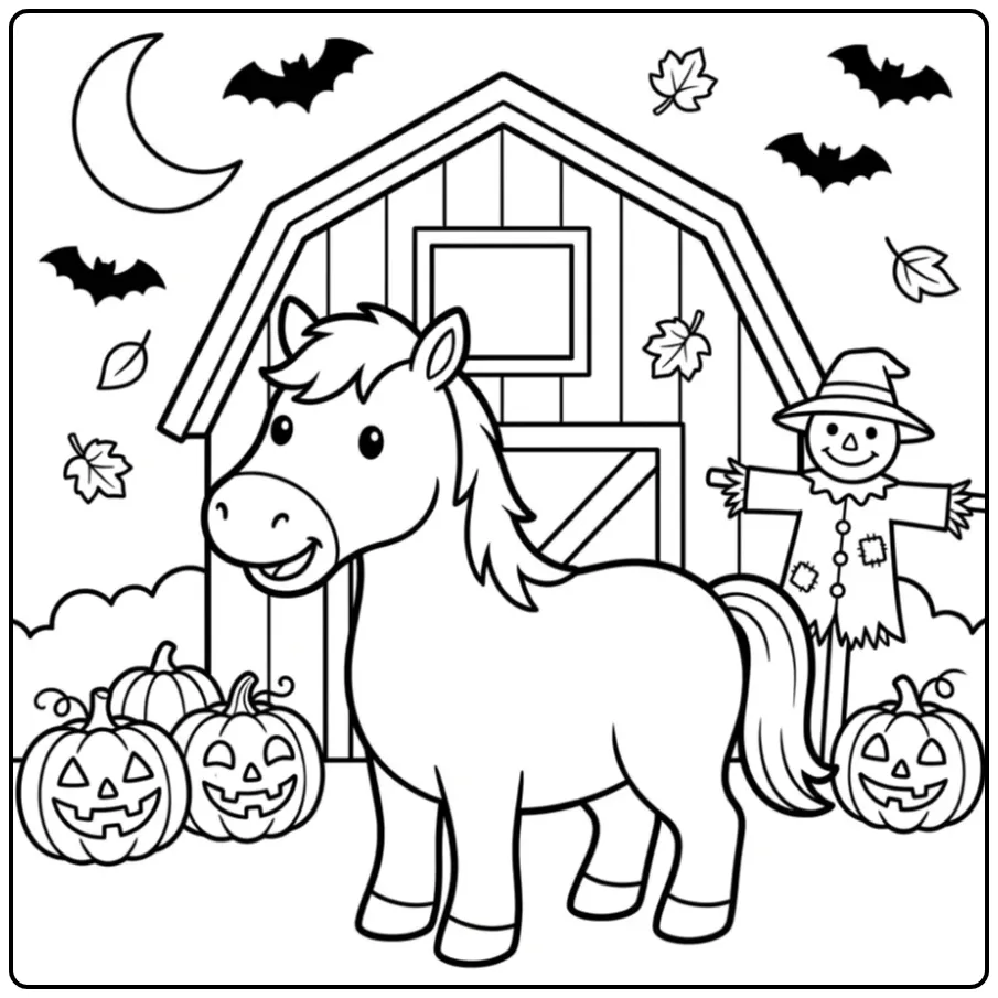 Leuke kleurplaat halloween paard bij schuur met volle maan.