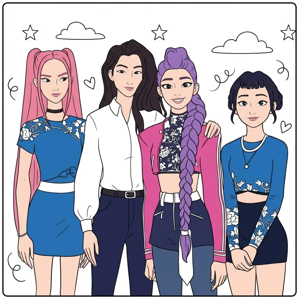 Kleurplaat kpop demon hunters meidengroep om in te kleuren.