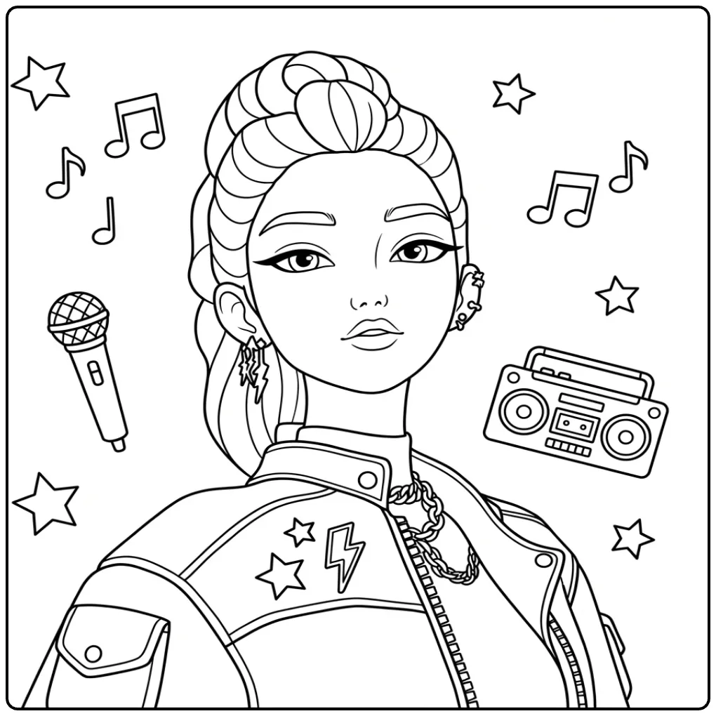 Kleurplaat K-pop demon hunters Rumi: zangeres met microfoon.