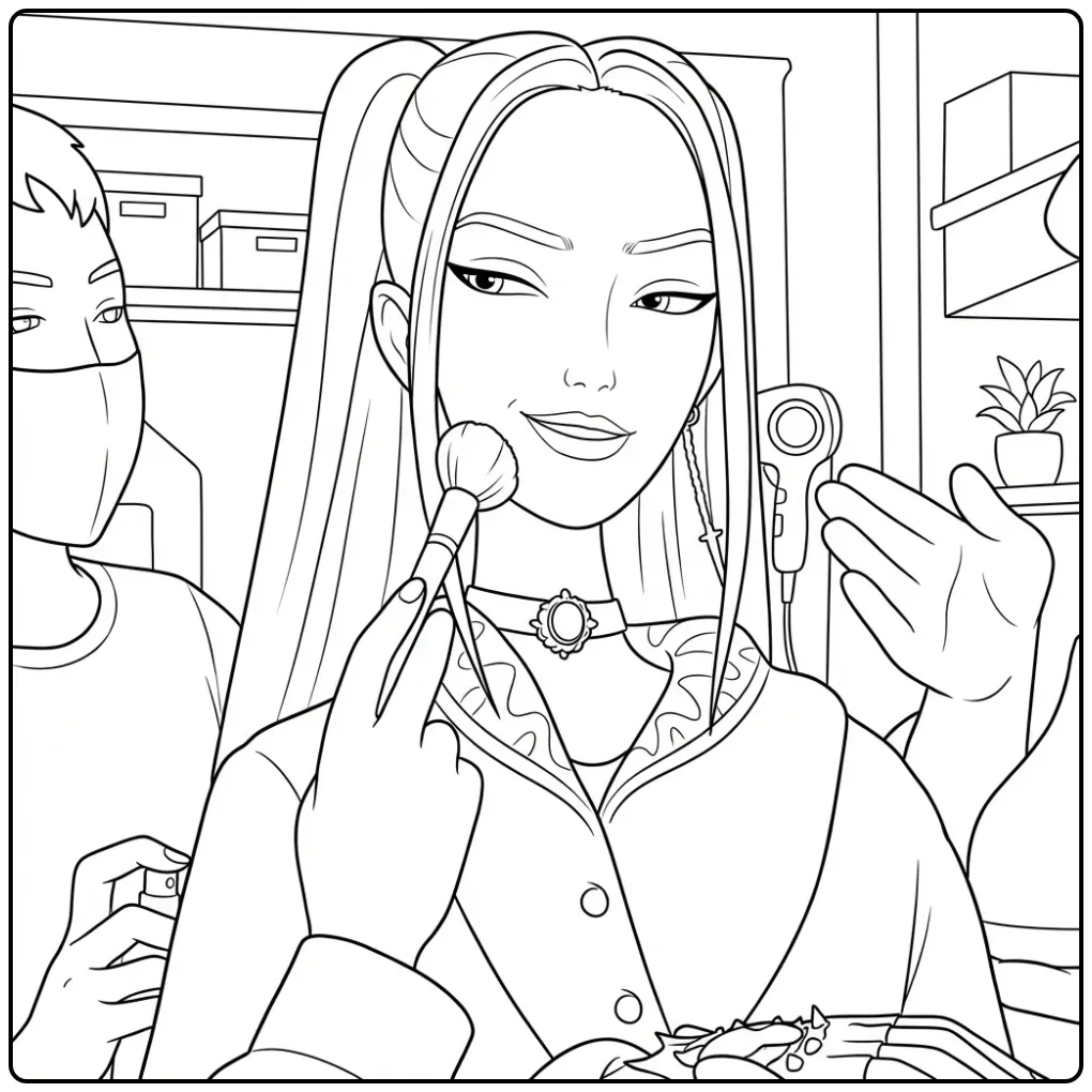 Kleurplaat kpop demon hunters mira in de make-up stoel.