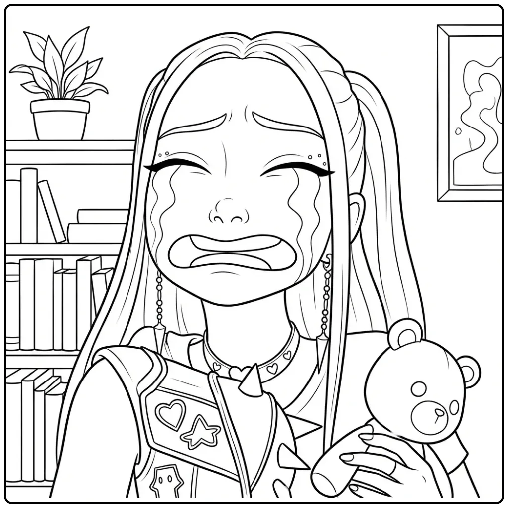 Kleurplaat kpop demon hunters mira, huilend met teddybeer.