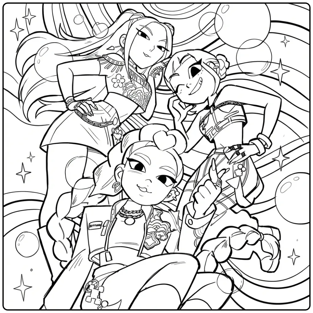 Een kleurplaat kpop demon hunters met drie stoere meiden.