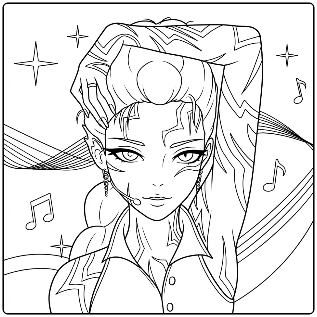 Gedetailleerde kleurplaat kpop demon hunters rumi voor fans.