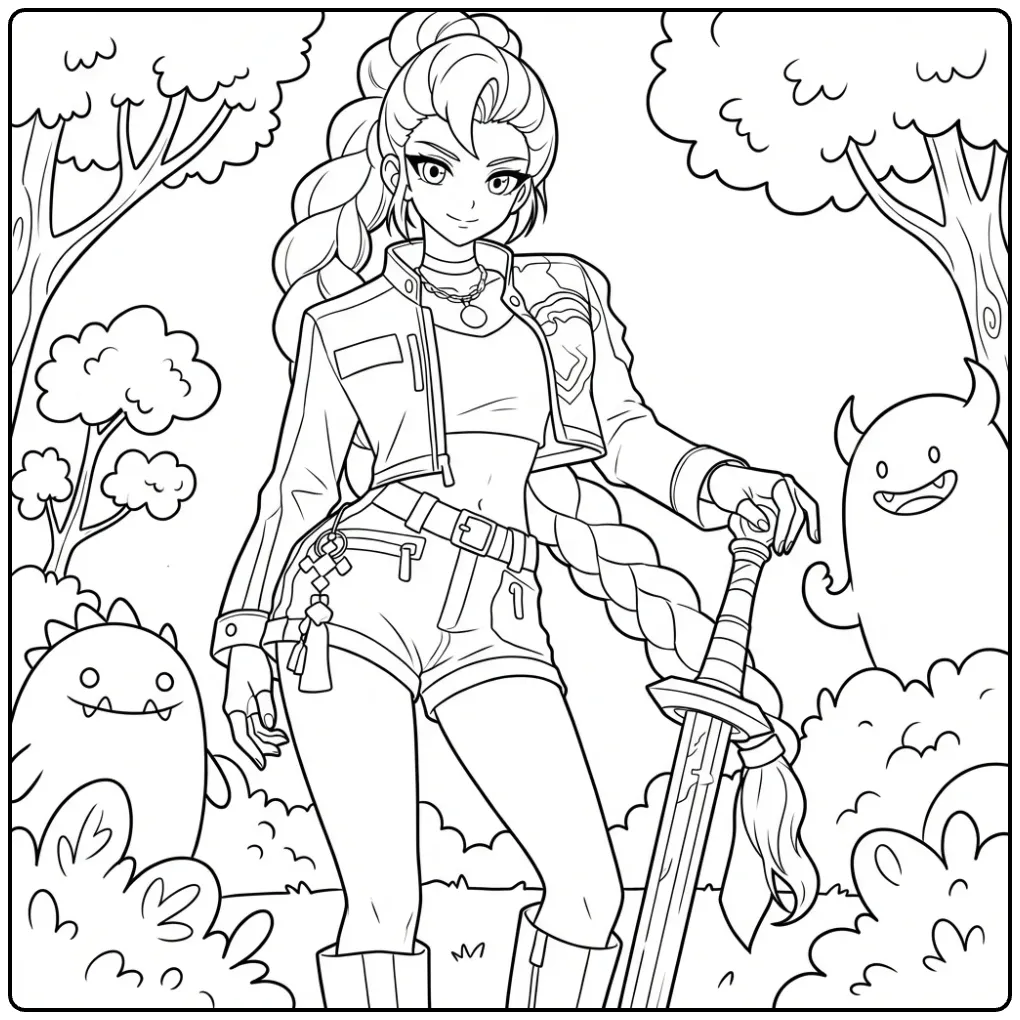 Kleurplaat kpop demon hunters rumi van Rumi met zwaard in bos.