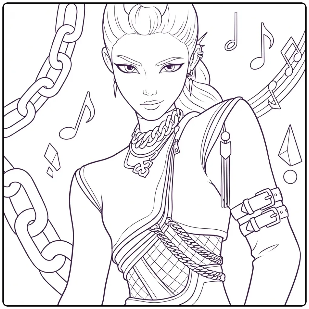 Stoere kleurplaat kpop demon hunters rumi artiest met muziek.