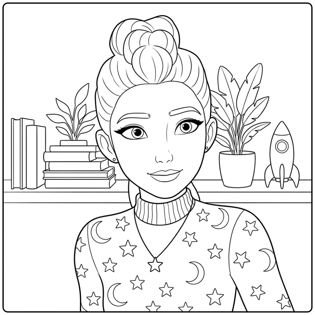 Kleurplaat kpop demon hunters rumi van een meisje met een sterrentrui.