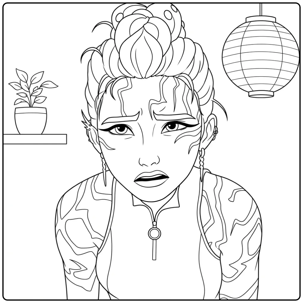 Kleurplaat kpop demon hunters rumi karakter met tattoos.