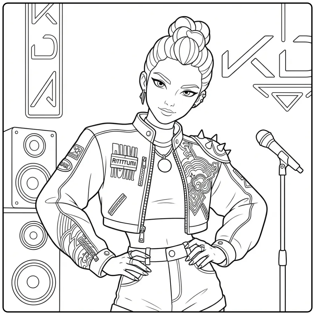 Een kleurplaat kpop demon hunters rumi zangeres op podium.