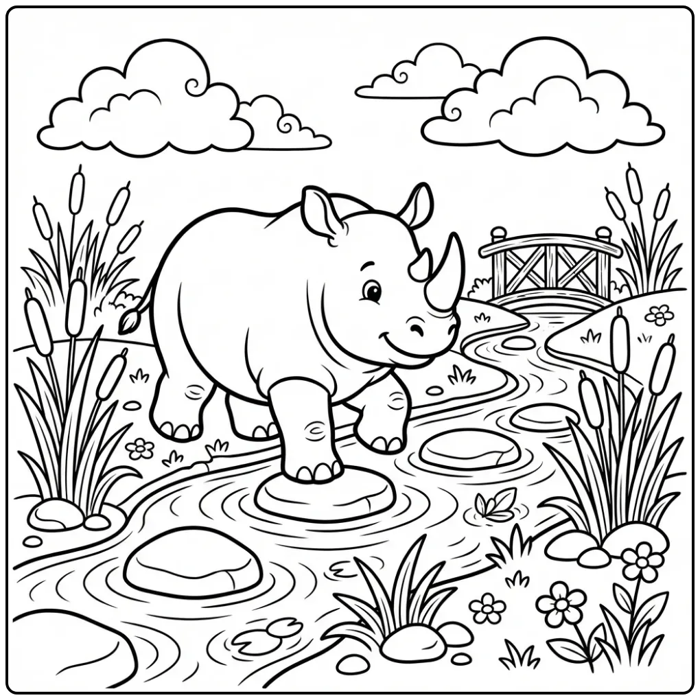 Leuke kleurplaat neushoorn stapt over stenen in het water.