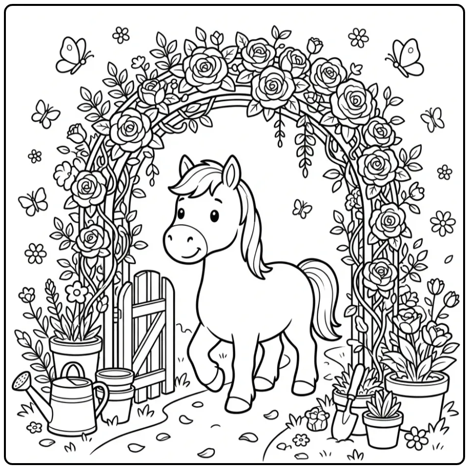 Mooie kleurplaat paard met bloemen onder een rozenboog.