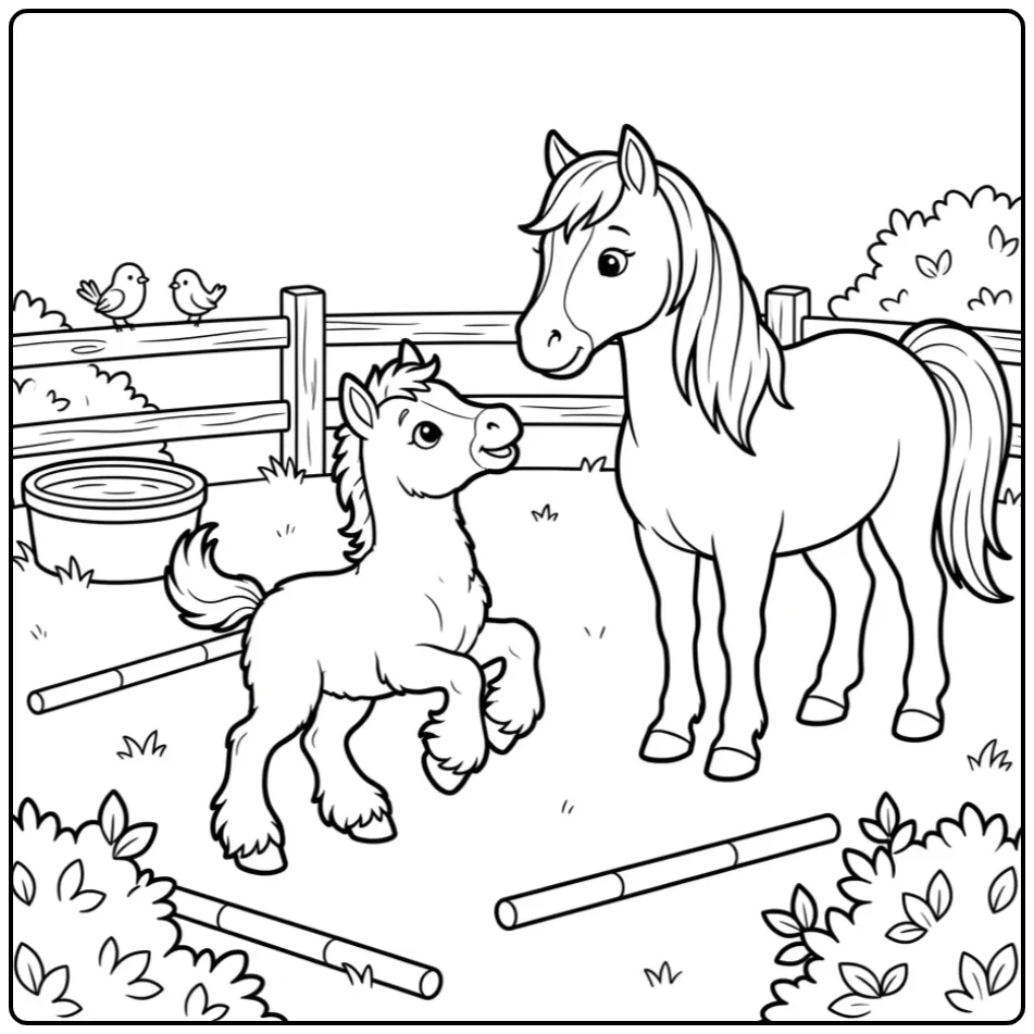 Vrolijke kleurplaat paard met veulen spelend in de wei.