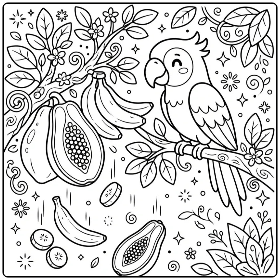 Schattige kleurplaat papegaai met fruit en bananen.