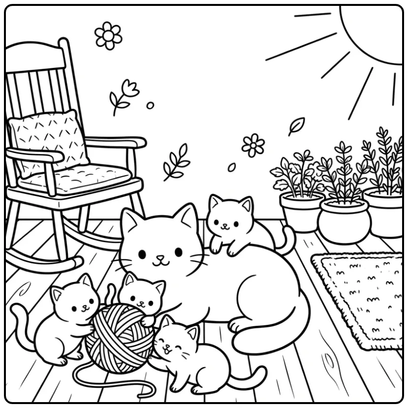 Een leuke kleurplaat poes met kittens spelend op de veranda.