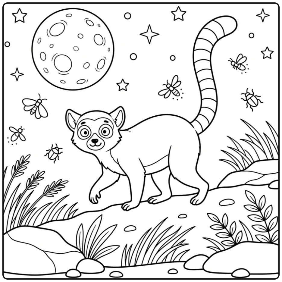 Schattige kleurplaat ringstaartmaki onder de maan.