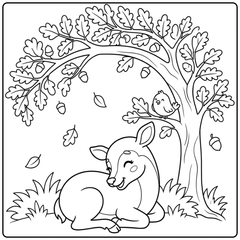 Een kleurplaat schattig hertje onder een boom met vogeltje