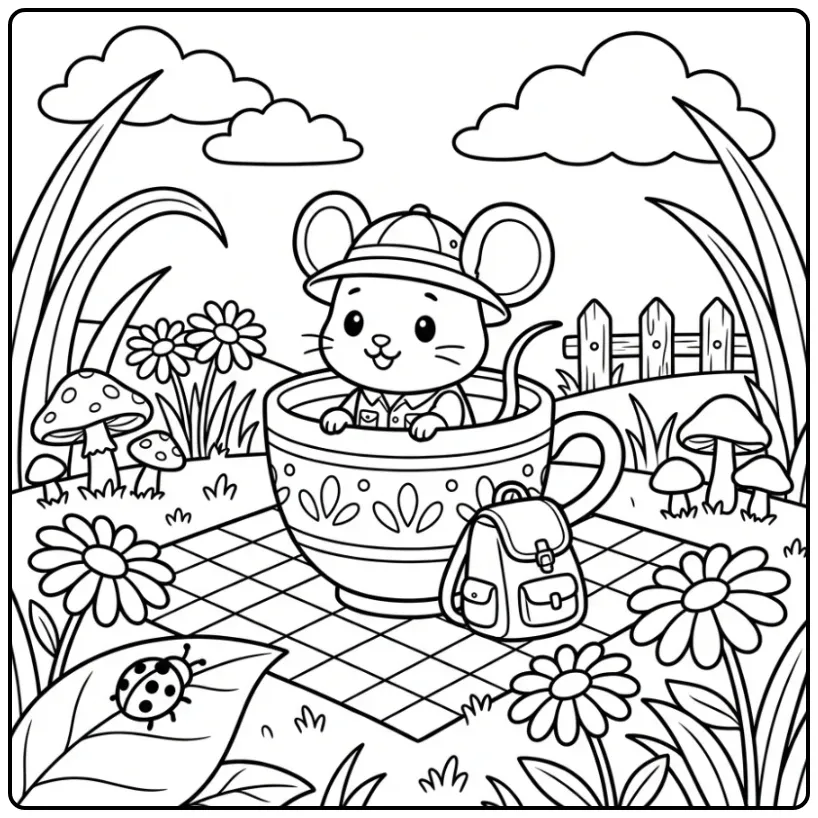 Kleurplaat schattige muis als ontdekker in een theekopje.