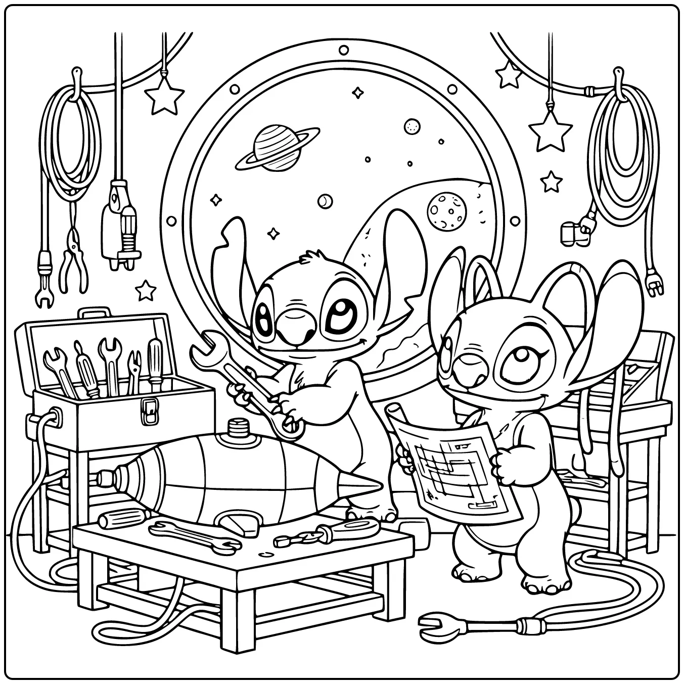 Kleurplaat stitch en angel in een kleine raketwerkplaats.