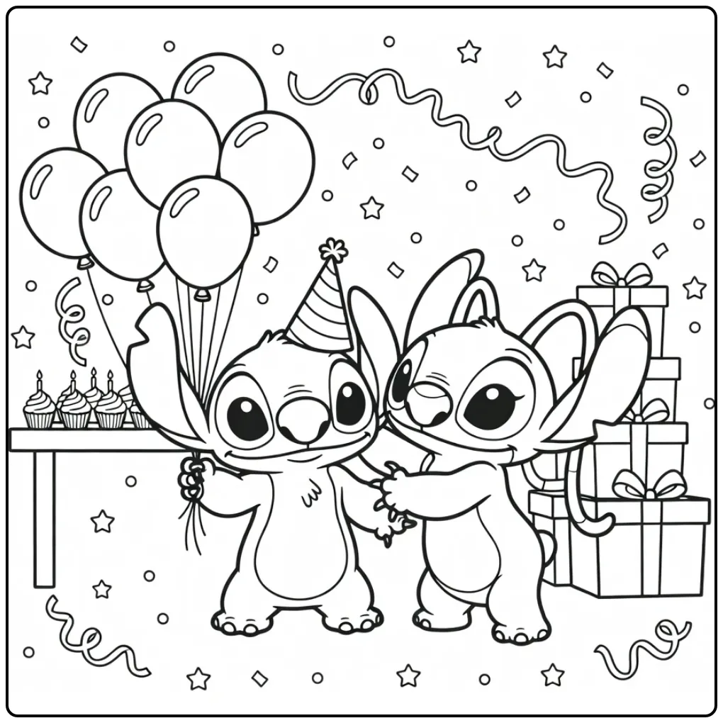 Leuke kleurplaat stitch en angel verjaardag met ballonnen.