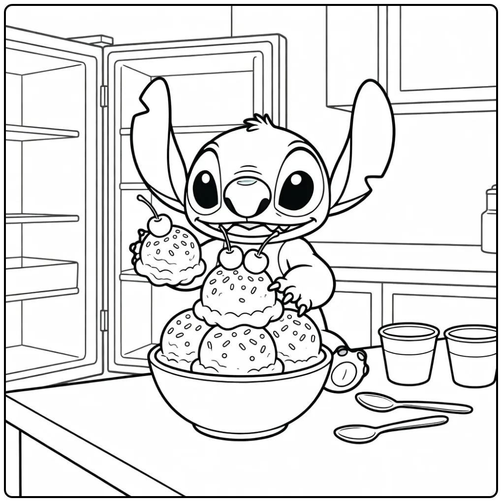 Stitch maakt een sundae op deze vrolijke kleurplaat stitch ijsje