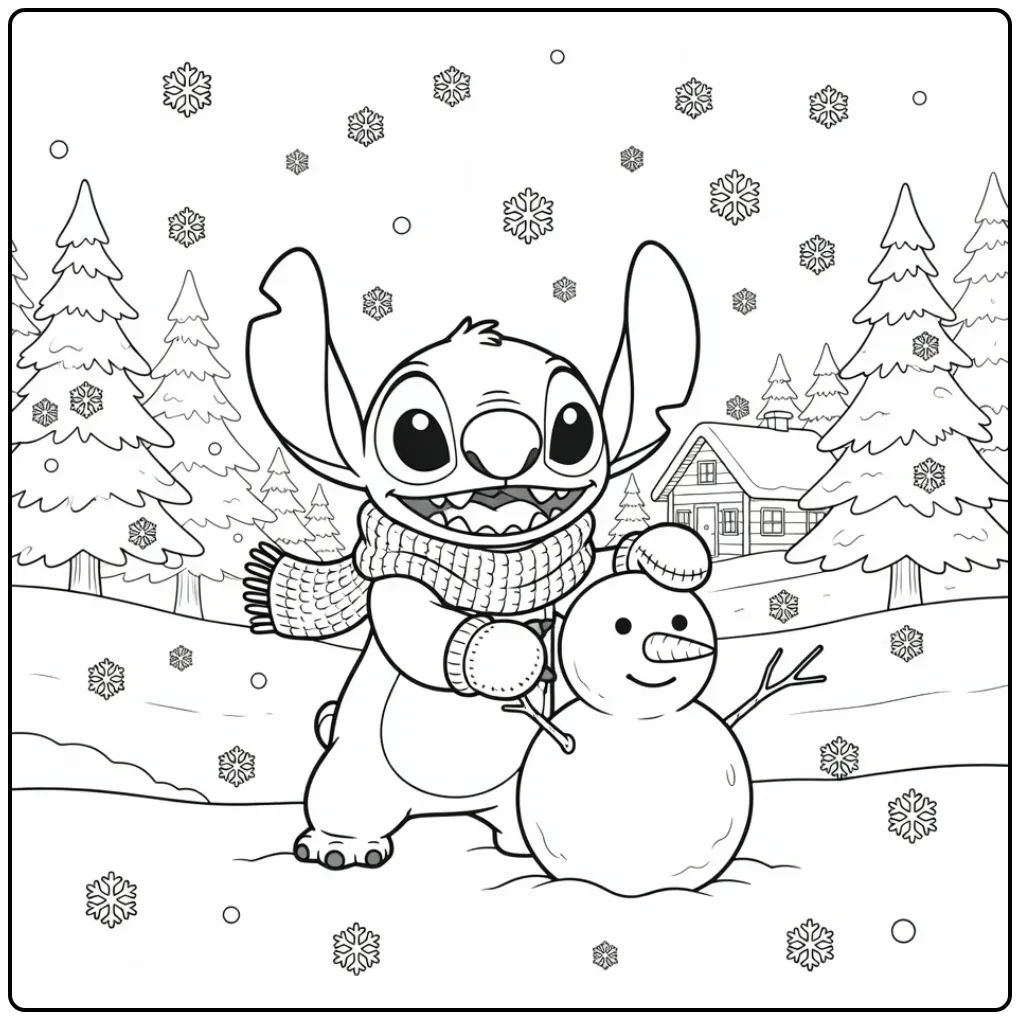 Leuke kleurplaat stitch winter met sjaal en sneeuwpop.