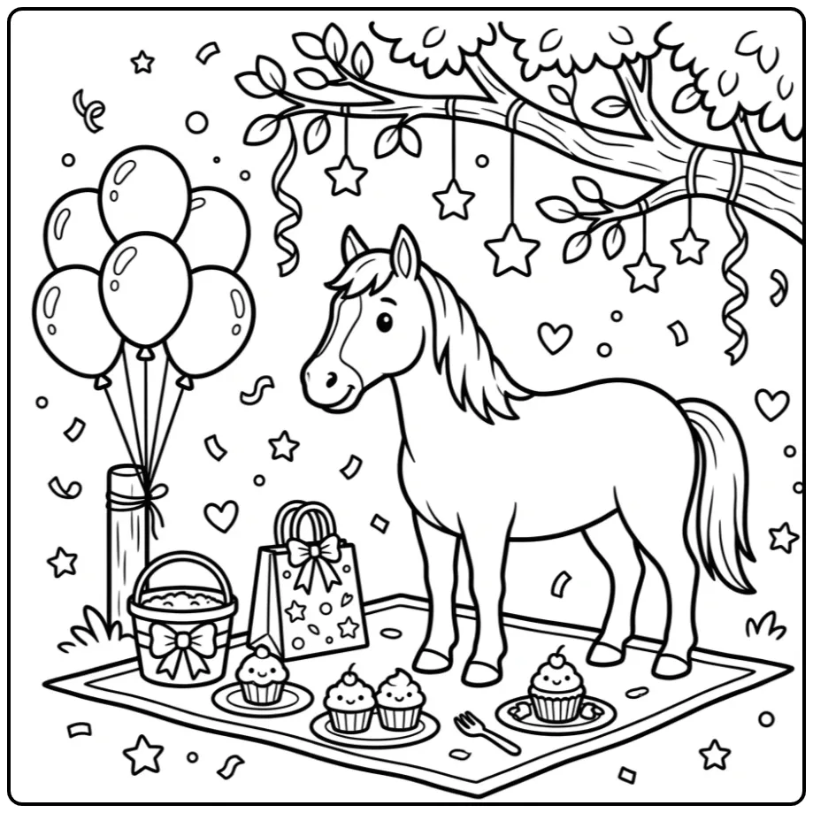 Vrolijke kleurplaat verjaardag paard met ballonnen en taartjes