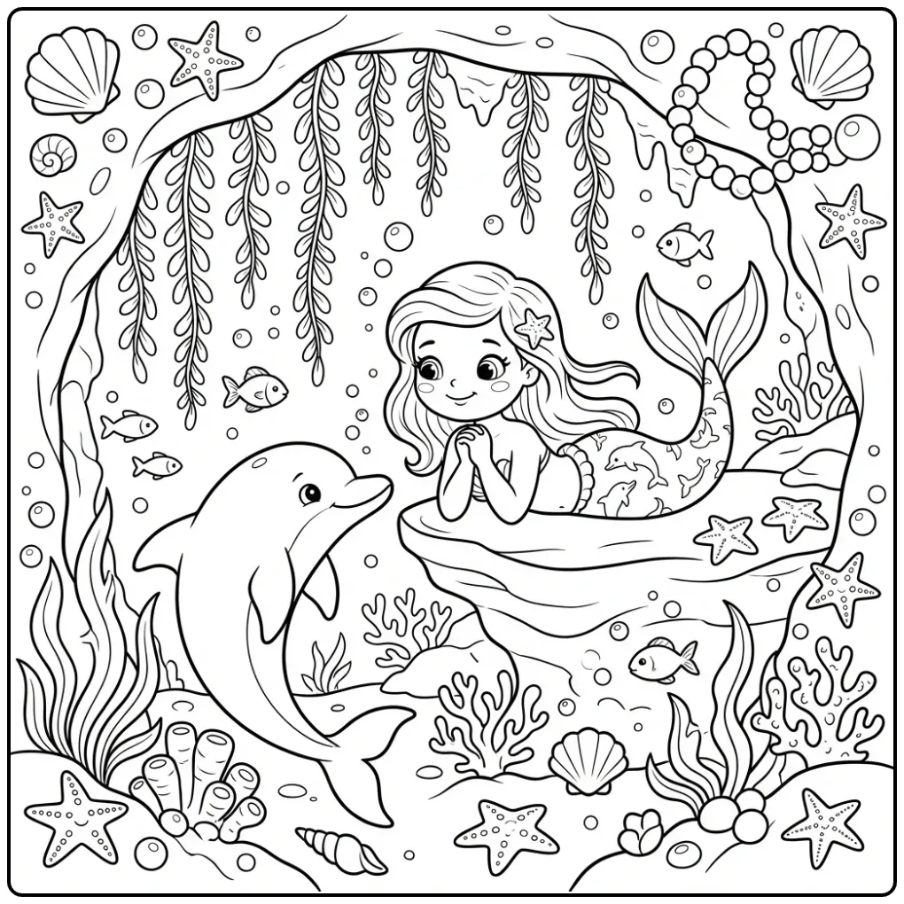 Schattige kleurplaat zeemeermin met dolfijn in een zeegrot.