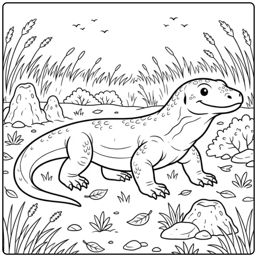 Lieve komodovaraan kleurplaat wandelend door de savanne.