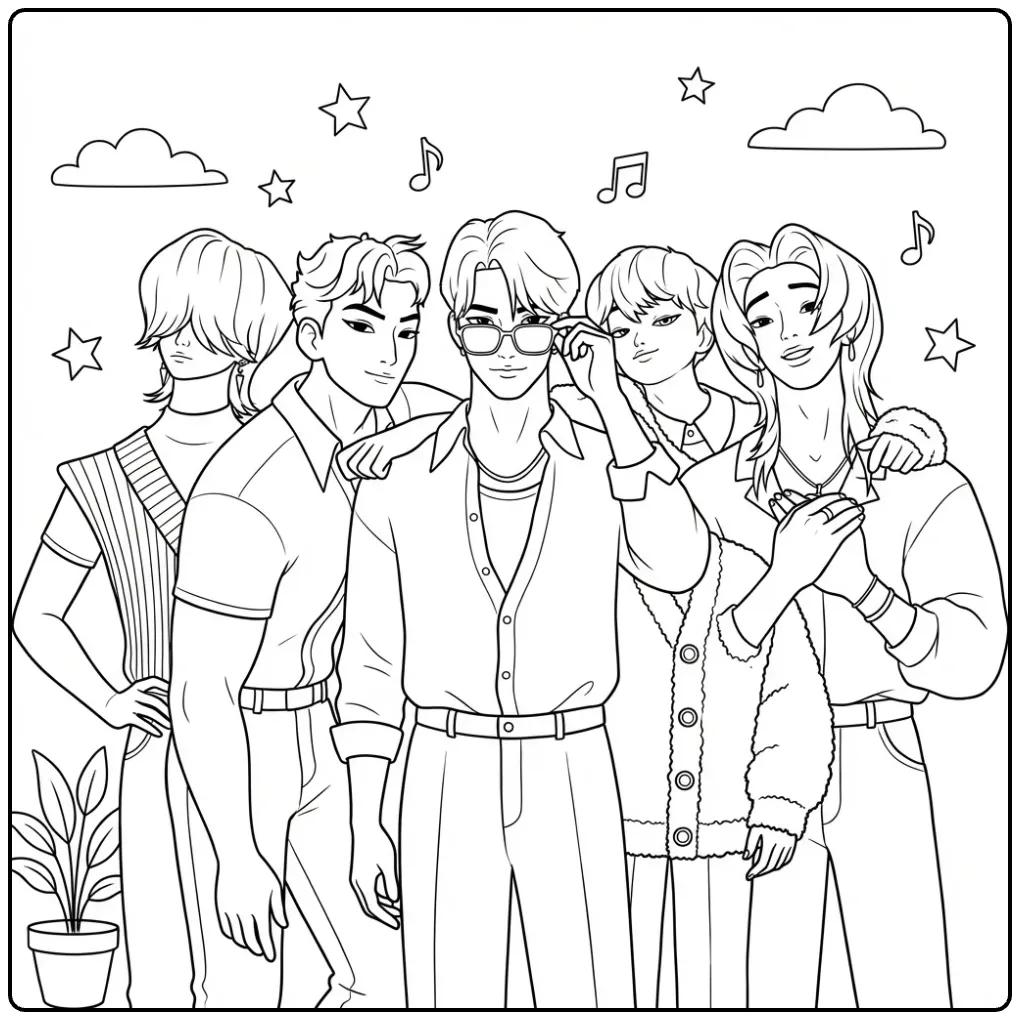 Een kpop demon hunters kleurplaat met vijf jongens.