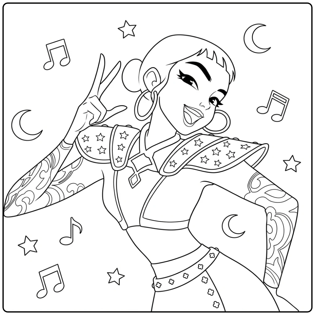 Kpop demon hunters kleurplaat zoey in een stoere outfit.