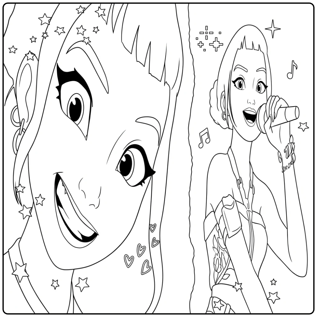 Kpop Demon Hunters kleurplaat Zoey zingend en close-up.