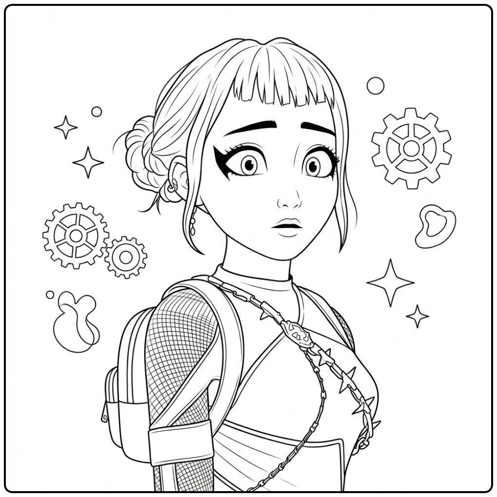 Kpop Demon Hunters kleurplaat Zoey met rugzak en tandwielen.