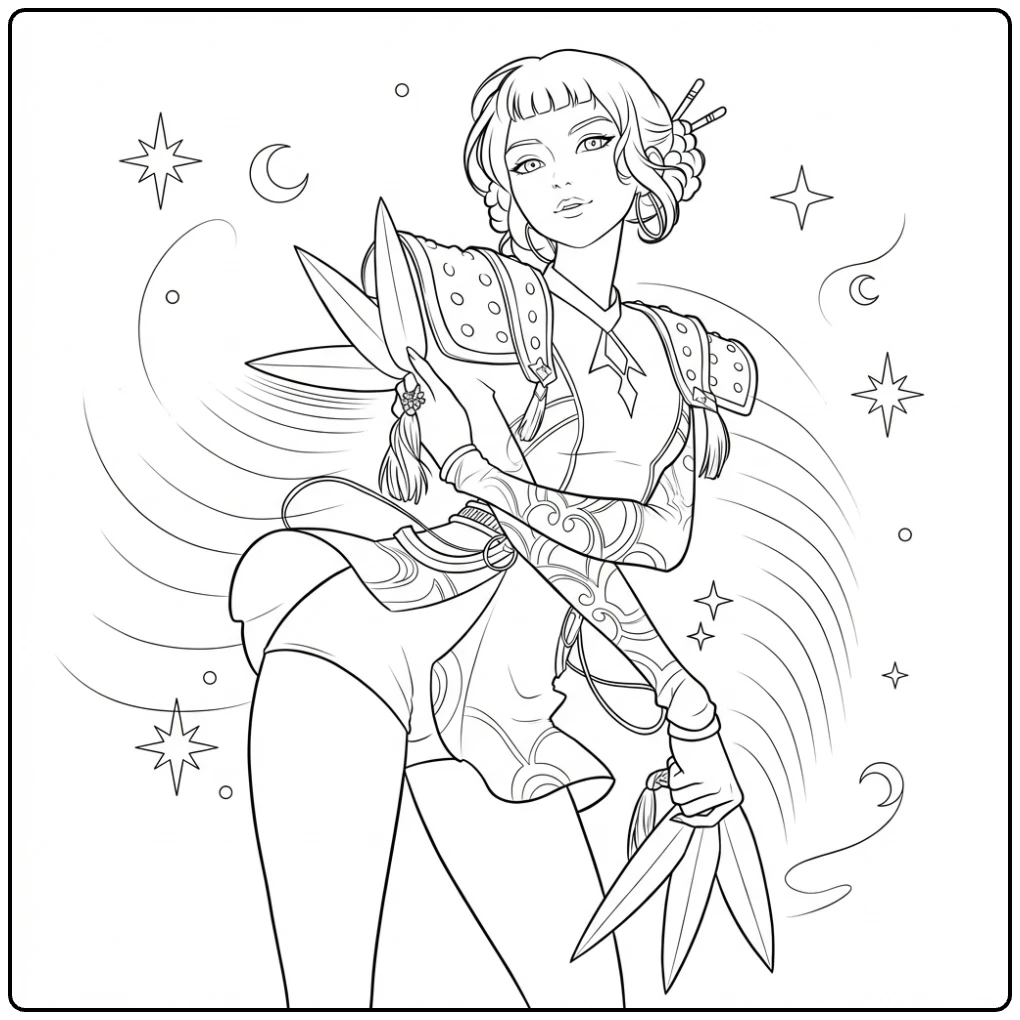 Kpop demon hunters kleurplaat zoey met wapens en sterren.