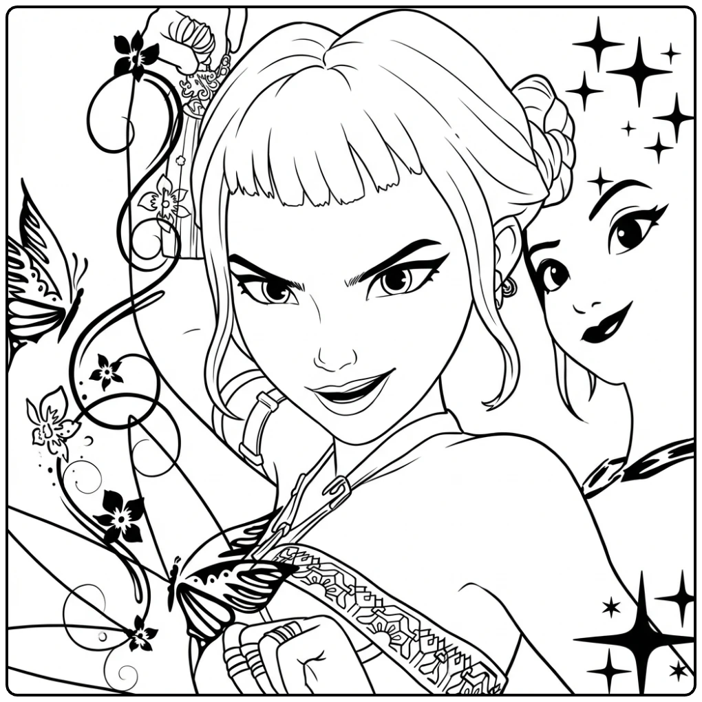 Kpop demon hunters kleurplaat: Zoey en vriendin in actie.