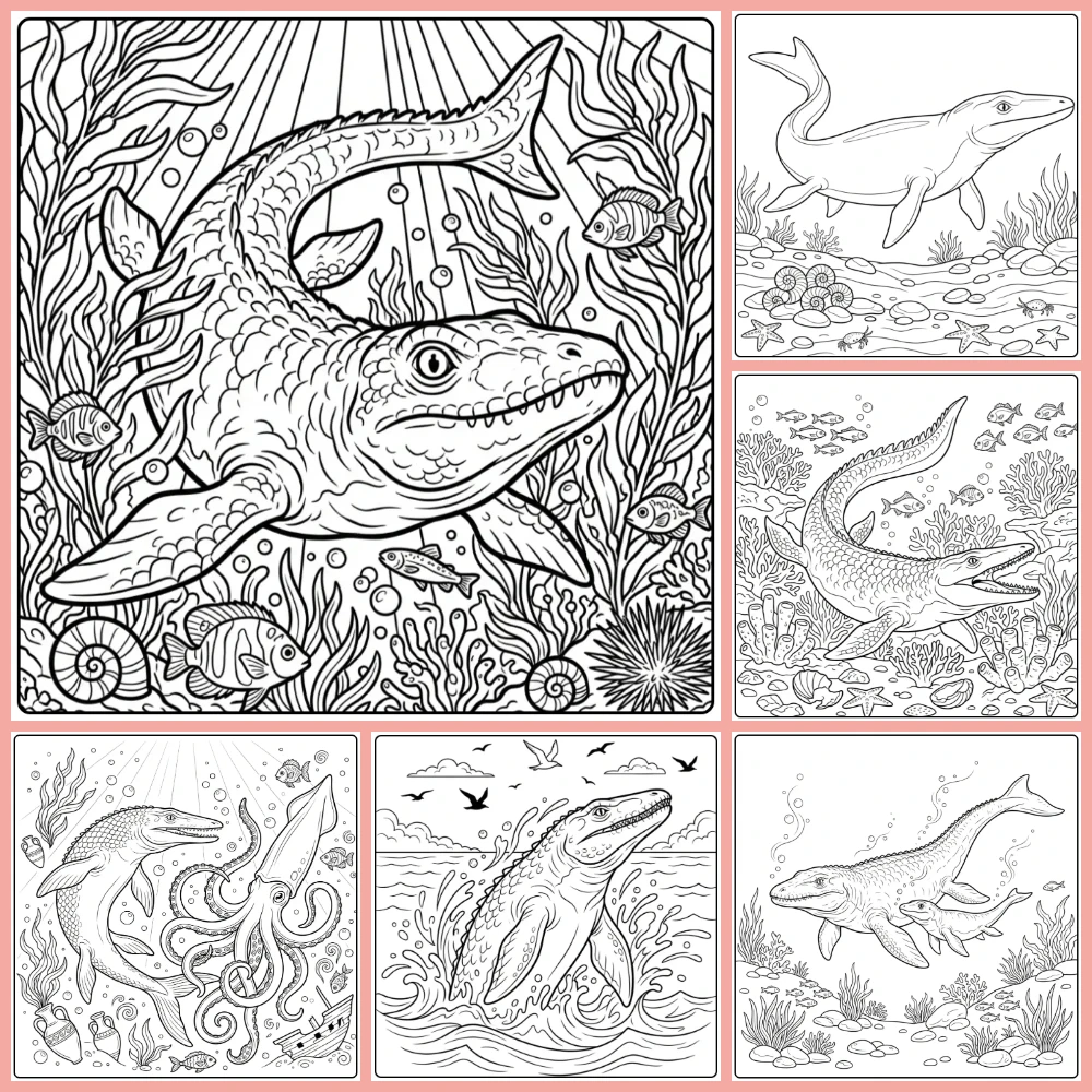 A collage of different coloring page designs.