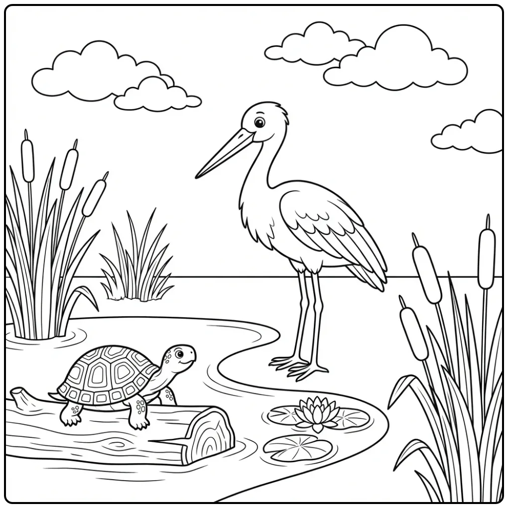Leuke ooievaar kleurplaat met een schildpad op een boomstam