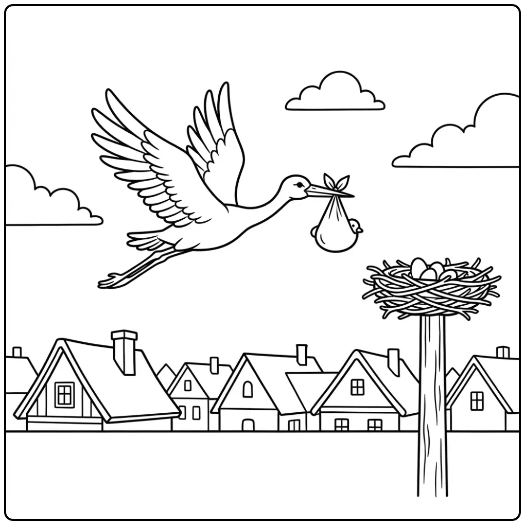 Vliegende ooievaar kleurplaat boven huizen en een nest.