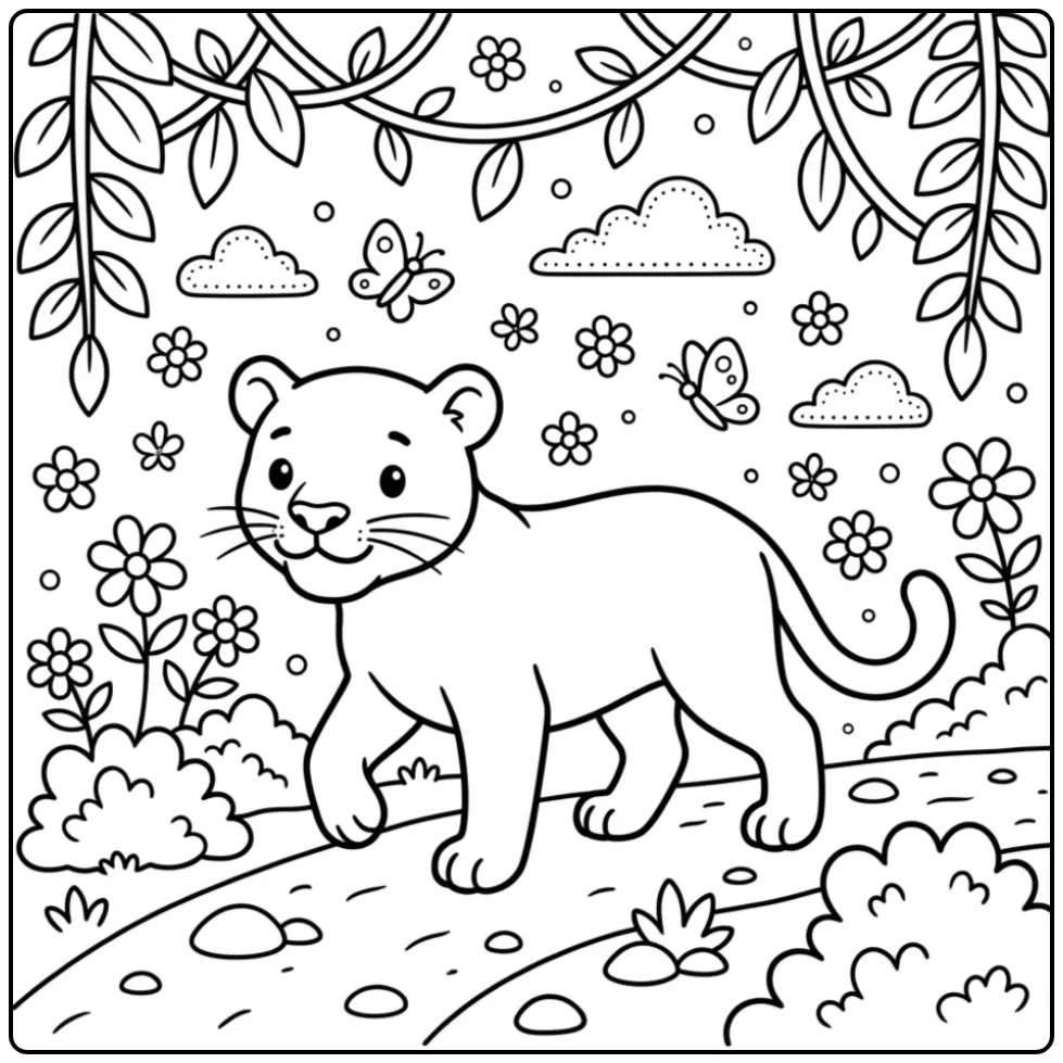 Een leuke panter kleurplaat makkelijk met struiken en lianen.