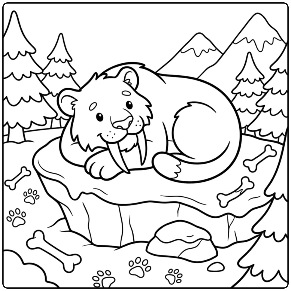 Een schattige sabeltandtijger kleurplaat op een koude rots.