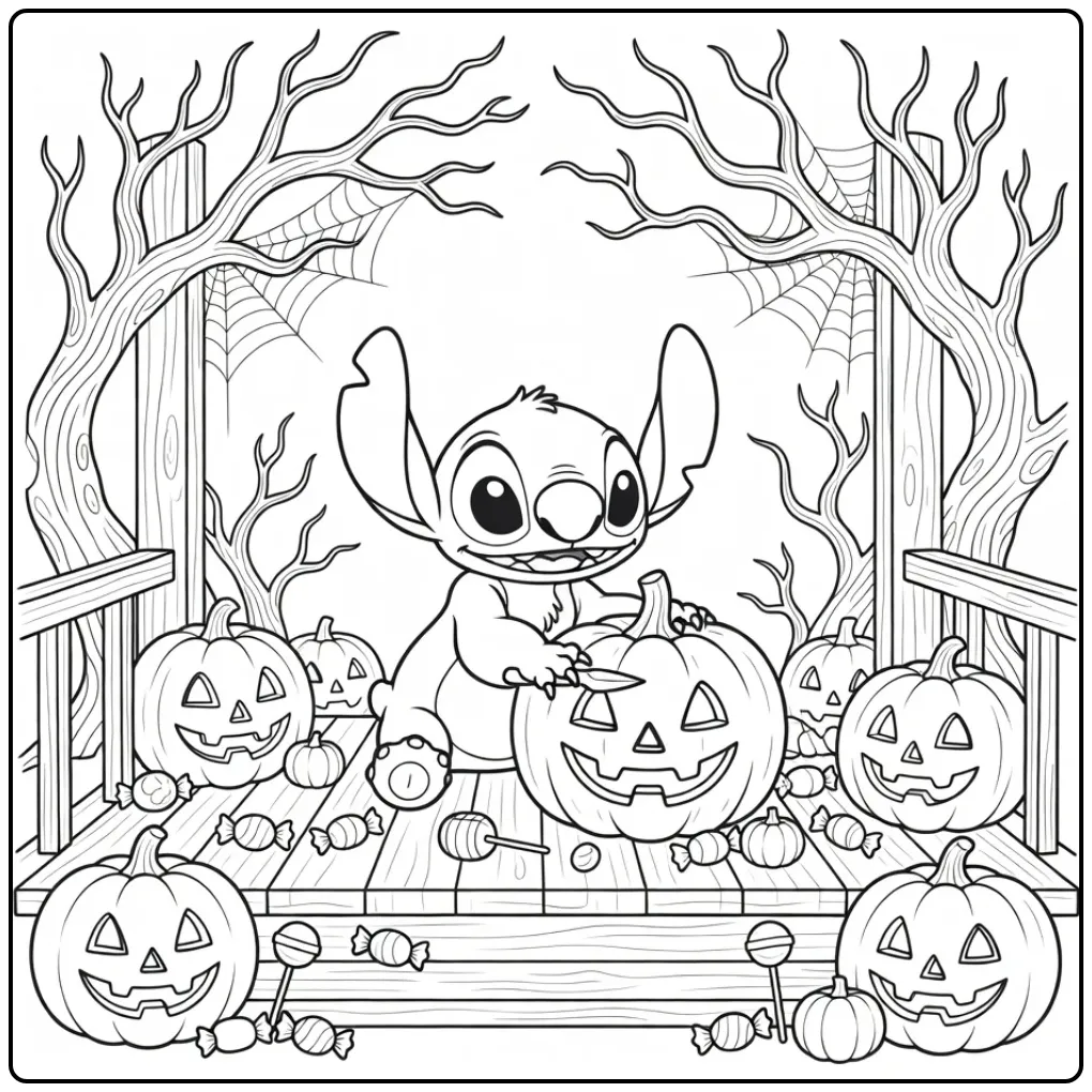 Stitch halloween kleurplaat met pompoen en snoep.