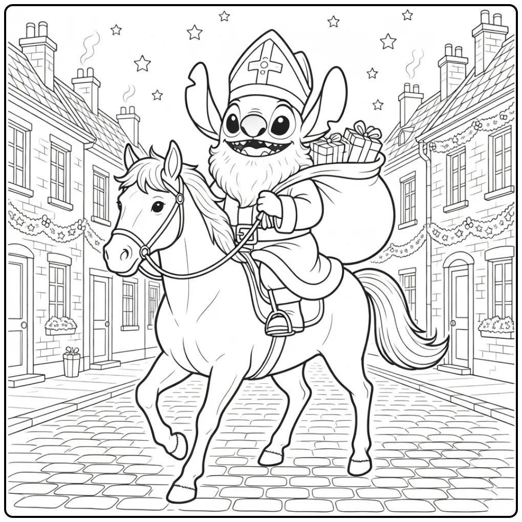 Vrolijke stitch sinterklaas kleurplaat op een paard.