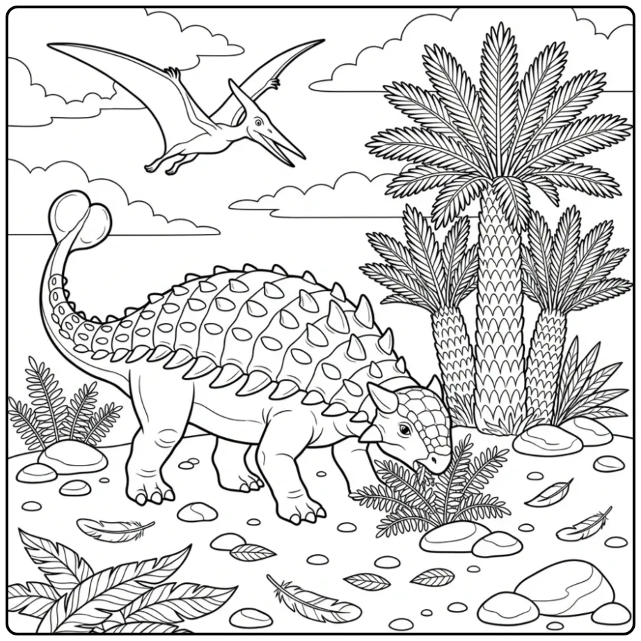 Ankylosaurus kleurplaat grazend bij oude planten en stenen.