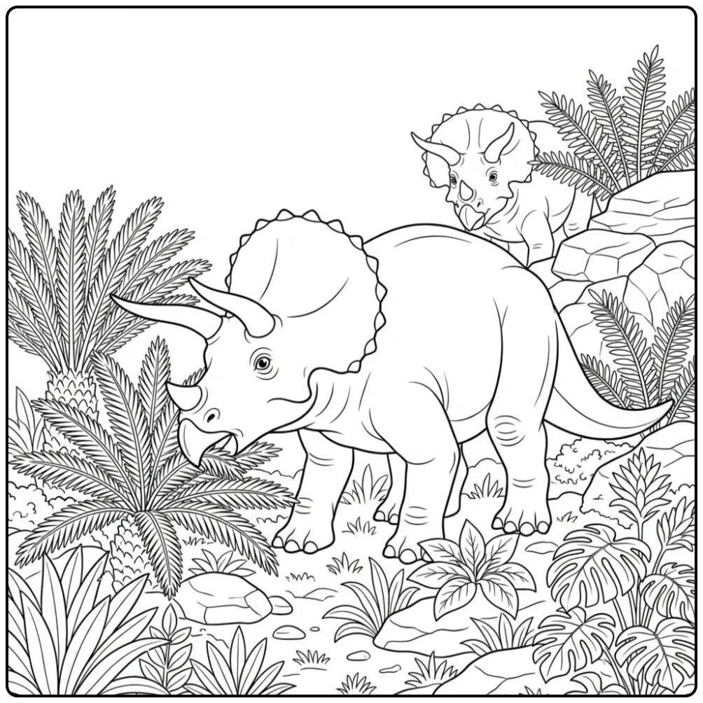 Realistische triceratops kleurplaat etend van varens.