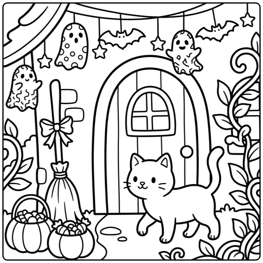 Een schattige halloween kleurplaat poes bij een spookhuis.