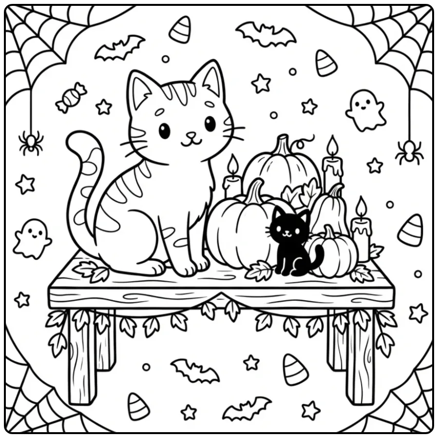 Schattige halloween kleurplaat poes bij pompoenen en kaarsen.